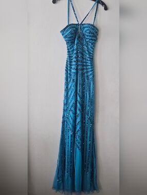 Faviana Turquoise Sequin Spaghetti-Strap Prom Gown